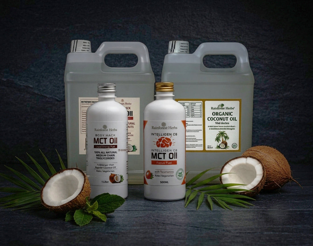 MCT Oil bottle by Rainforest Herbs — premium medium-chain triglyceride oil sourced from coconut