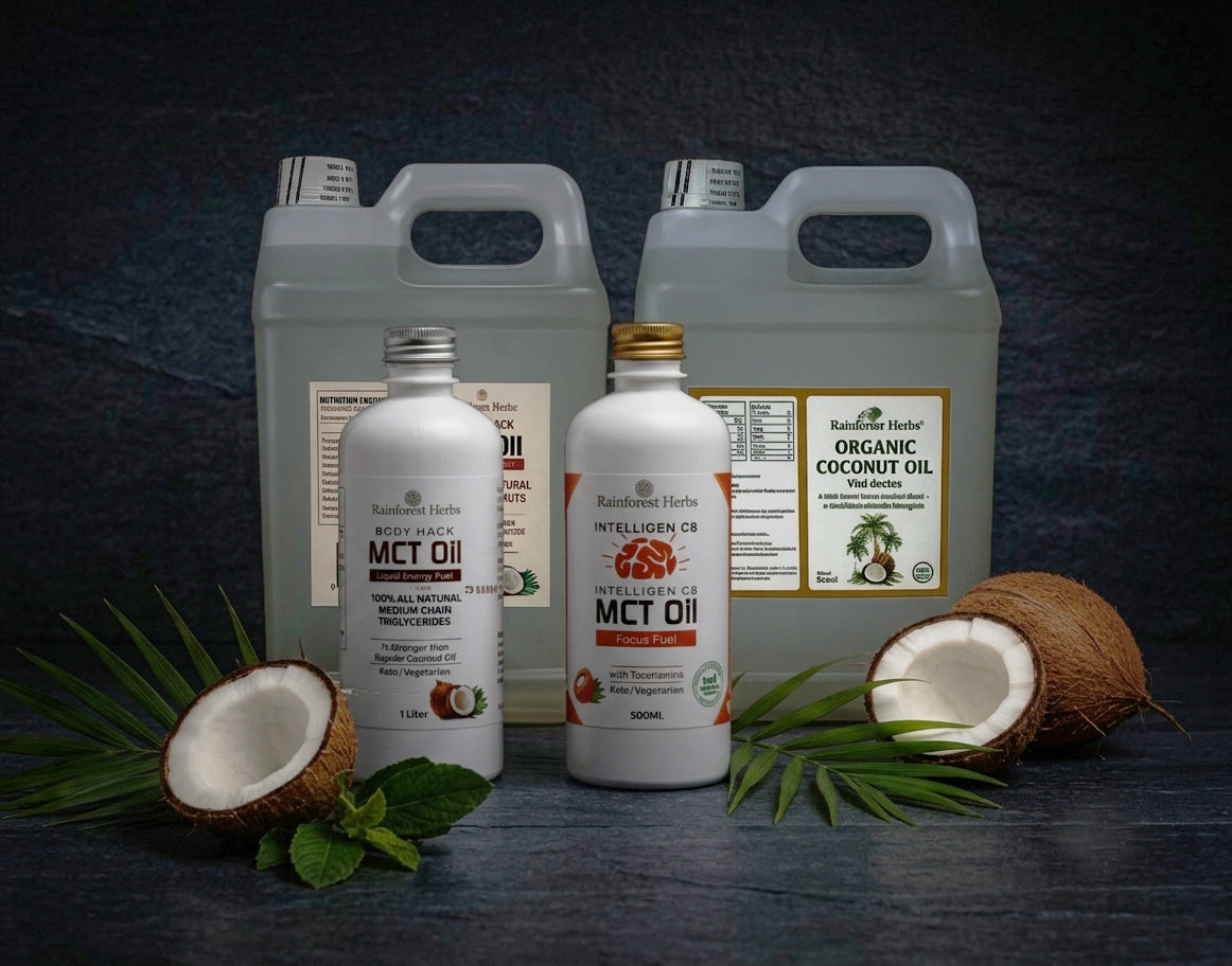 MCT Oil bottle by Rainforest Herbs — premium medium-chain triglyceride oil sourced from coconut