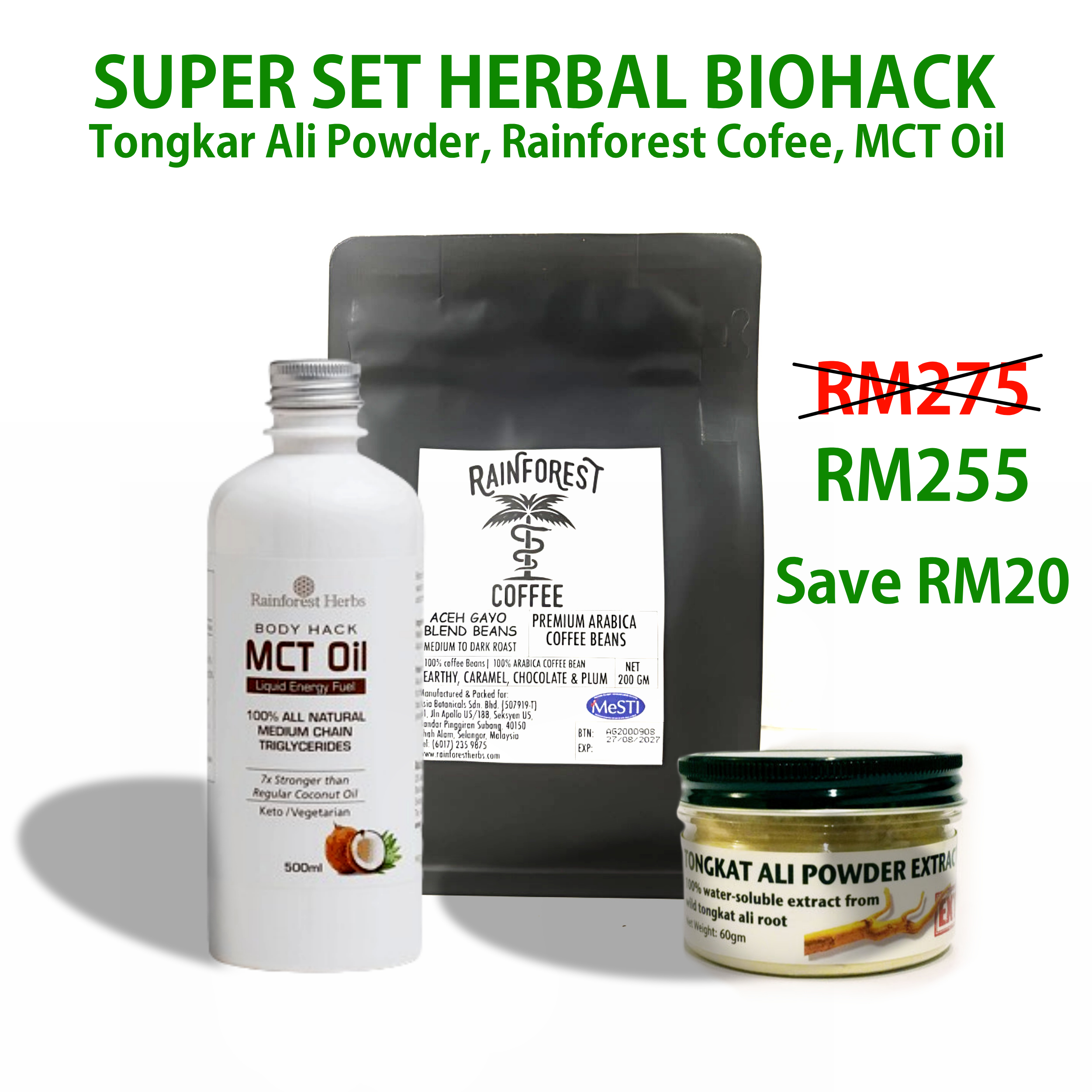 SUPER HERBAL BIOHACK | Tongkat Ali Powder, Rainforest Coffee, MCT Oil