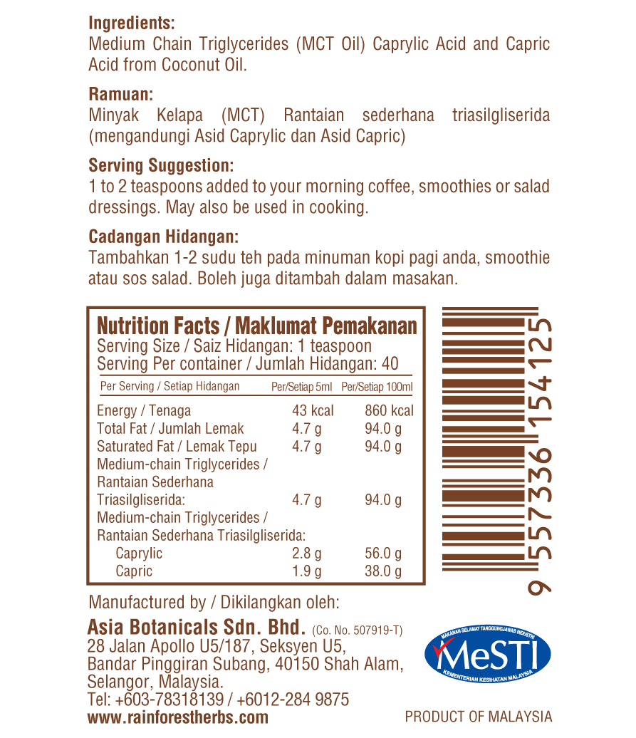 Maklumat Pemakanan Minyak Kelapa MCT 200ml