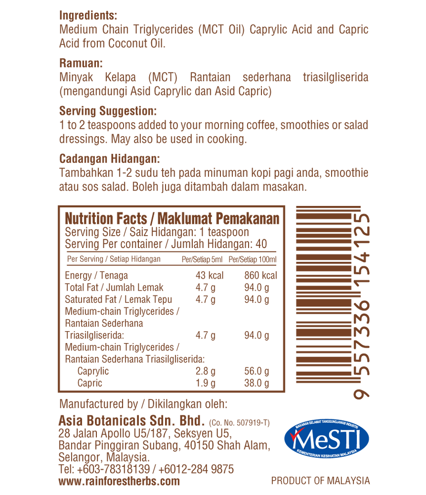 Maklumat Pemakanan Minyak Kelapa MCT 200ml