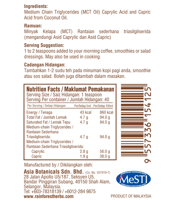 Maklumat Pemakanan Minyak Kelapa MCT 200ml