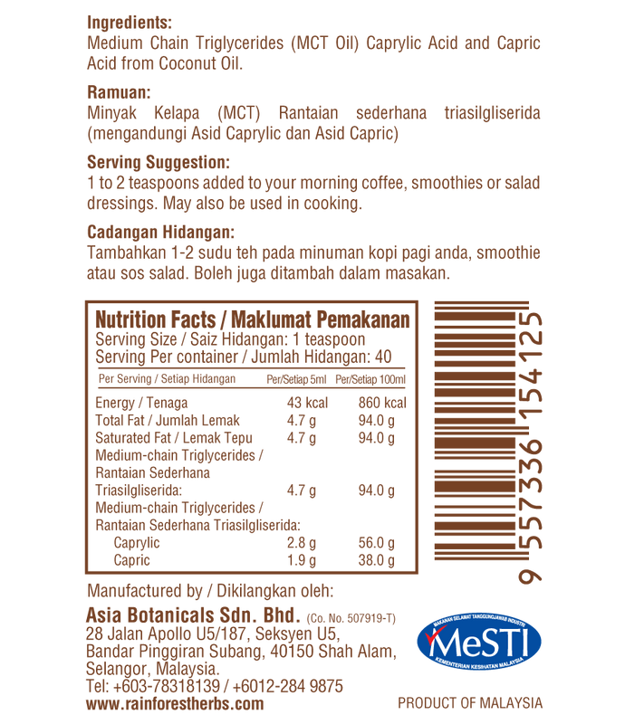 Maklumat Pemakanan Minyak Kelapa MCT 200ml