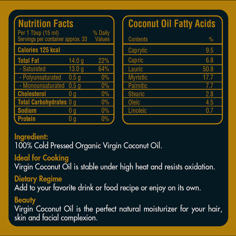 Nutrition Facts of Organic Virgin Coconut Oil 500ml in Malaysia